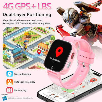 Transformers 4G Kids Smart Watch Phone, GPS, Video Call, Waterproof - Pink | Smartwatch for Boys Girls Ages 4-12, Class Mode, SOS, Camera, Alarm, Touch Screen, Gifts with Bonus Woven Strap & SIM Card