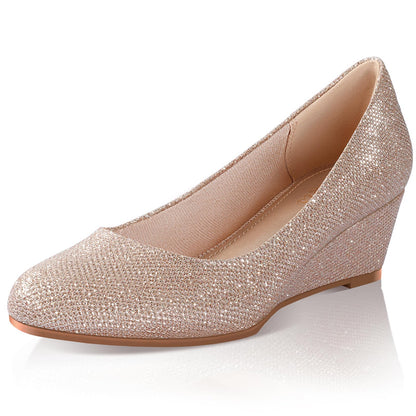 Ankis Black Nude Silver Gold Wedges for Women, Low Heel Women's Wedge Comfortable Closed Toe Women Pumps Dress Shoes -2Inch