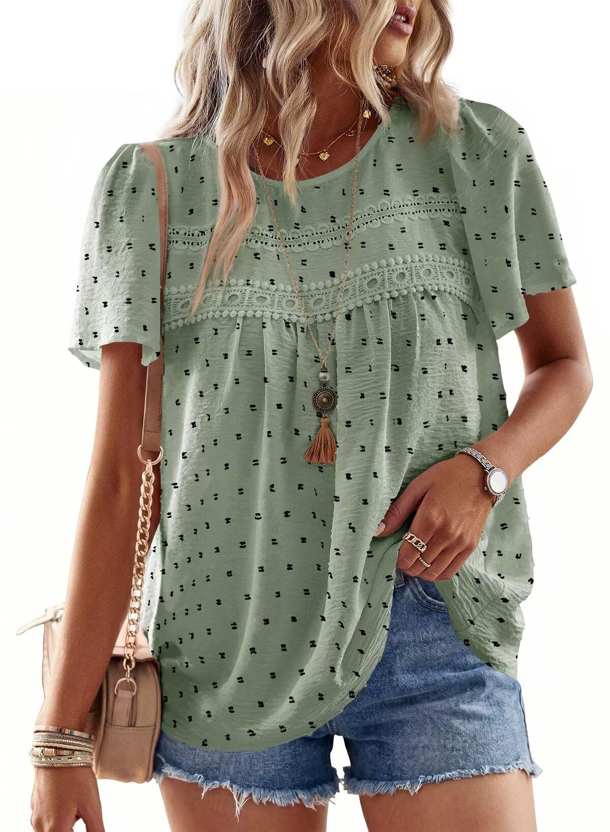 Falechay Womens Summer Tops Crewneck Short Sleeve Shirts Casual Chiffon Blouses Flowy Lace Hem Boho Clothing Trendy 2026