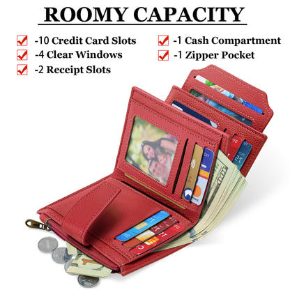 Airkit Small Wallet Women RFID Blocking Soft Leather Bifold Compact Card Holder Wallet for Women with Zipper Coin Pocket 4 ID Window