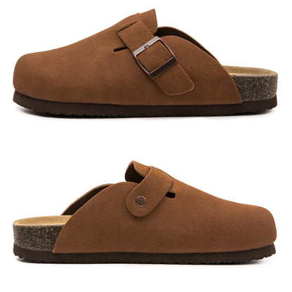 Women Suede Clogs Casual Slip On Potato Mule Slippers | Soft Suede Upper, Arch-Support Cork Insole, Adjustable Buckle, Anti-Slip Sole