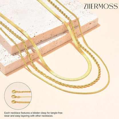 3PCS Gold Necklaces for Women,Chunky Statement Gold Plated Necklace Stack Layered Sterling Silver Herringbone Chains for Women Dainty Trendy Silver Chains Stacked Jewelry Gifts
