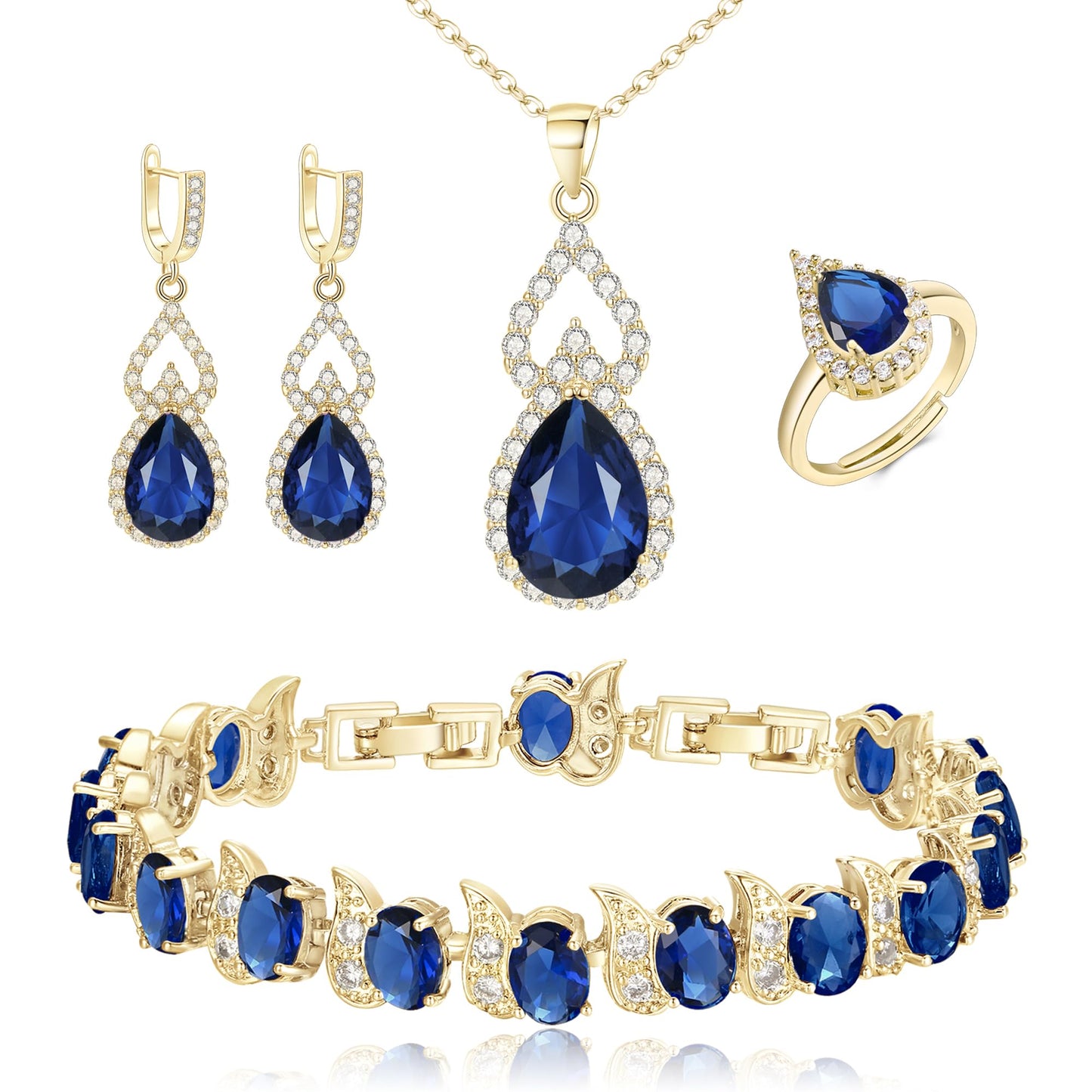 BriLove Wedding Jewelry Set for Women Bride Bridesmaid | Gorgeous Cubic Zirconia Teardrop Necklace Earrings Bracelet Adjustable Ring Jewelry Gift for Birthday/Anniversary