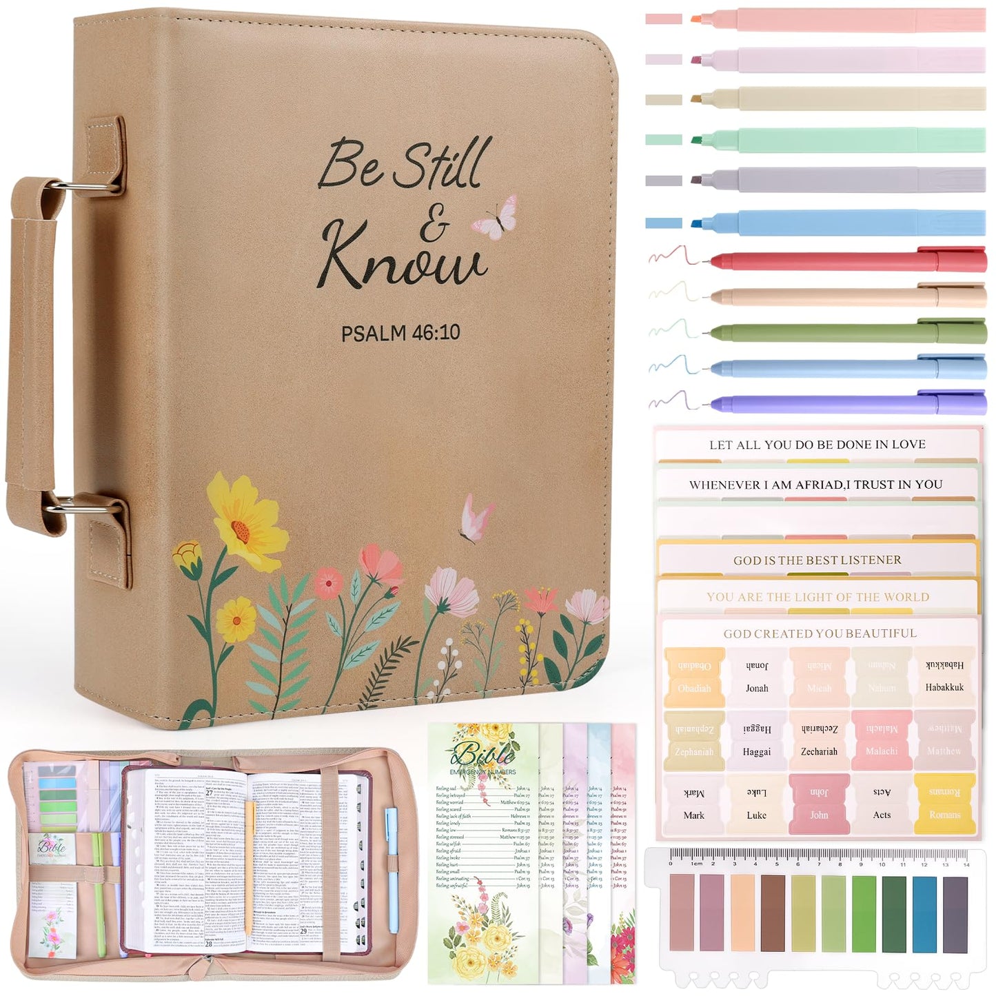 XKDOUS 20 Pcs Bible Case Set with Tabs, Pens, Study Supplies Carrier Holder Portable Men's Bible Bag Church Book Leather Cover Father Day Christian Gift for Dad, Mom, Men, Women