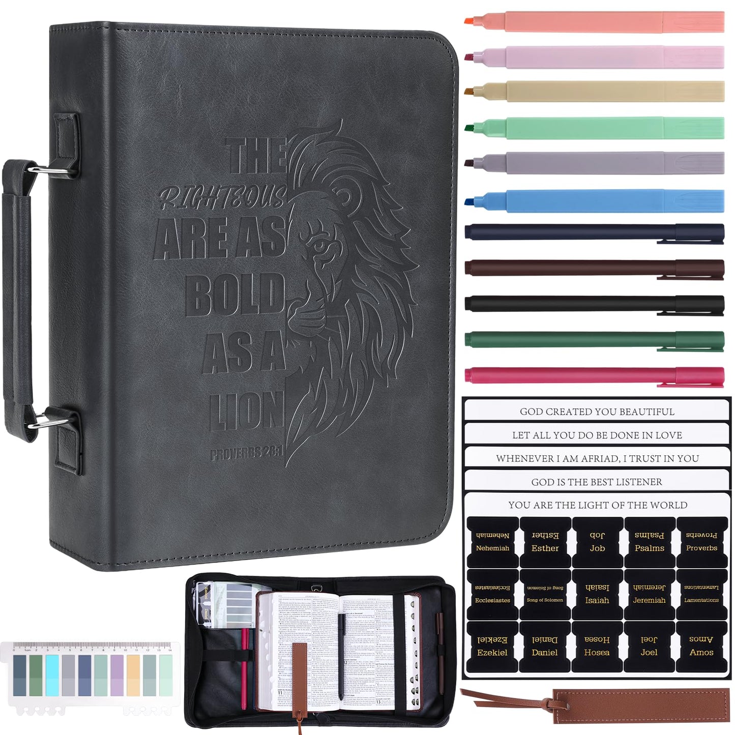 XKDOUS 20 Pcs Bible Case Set with Tabs, Pens, Study Supplies Carrier Holder Portable Men's Bible Bag Church Book Leather Cover Father Day Christian Gift for Dad, Mom, Men, Women