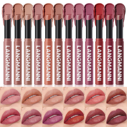 12Pcs Velvet Matte Lipstick Set, Nude to Dark Shades, Long-Lasting,Color A | Highly pigmented matte color, smooth creamy glide, waterproof wear, nude-to-dark tones, ideal for daily makeup or gifting
