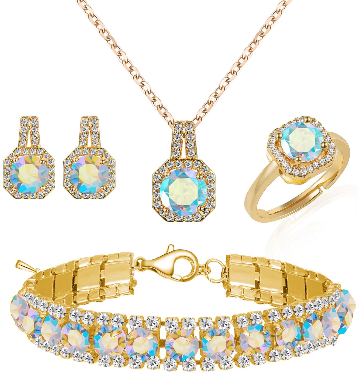 Paxuan 4pcs Cubic Zirconia Wedding Jewelry Sets for Bride Bridesmaid Cubic Zirconia Pendant Necklace Earrings Link Tennis Bracelet Open Ring Set for Women
