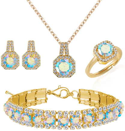 Paxuan 4pcs Cubic Zirconia Wedding Jewelry Sets for Bride Bridesmaid Cubic Zirconia Pendant Necklace Earrings Link Tennis Bracelet Open Ring Set for Women