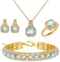 Paxuan 4pcs Cubic Zirconia Wedding Jewelry Sets for Bride Bridesmaid Cubic Zirconia Pendant Necklace Earrings Link Tennis Bracelet Open Ring Set for Women