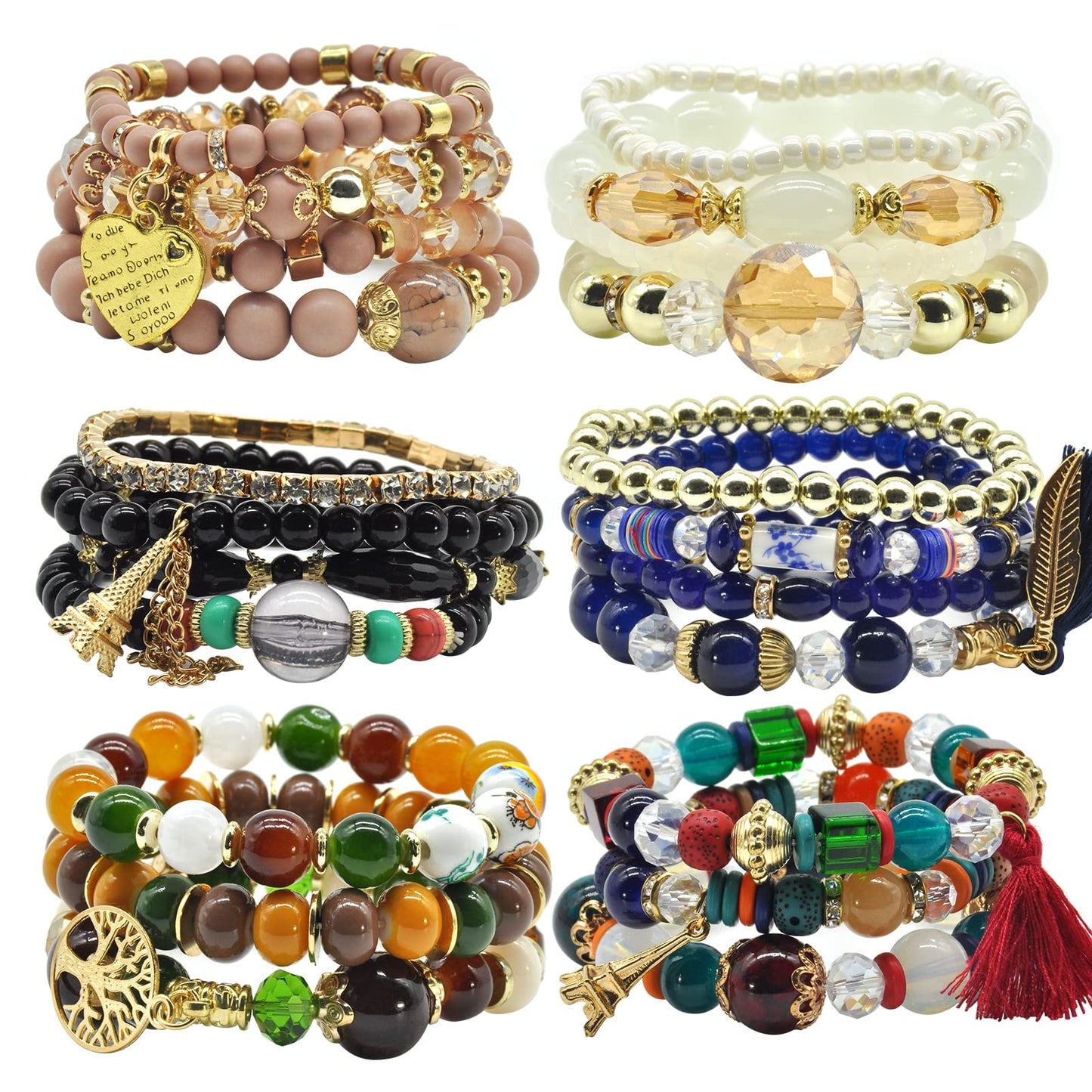 Bohemian Bracelet Sets for Women - 6 Sets Stackable Stretch Bracelets Multi-color Boho Jewelry for Women Hippie Bracelets Dainty Jewelry