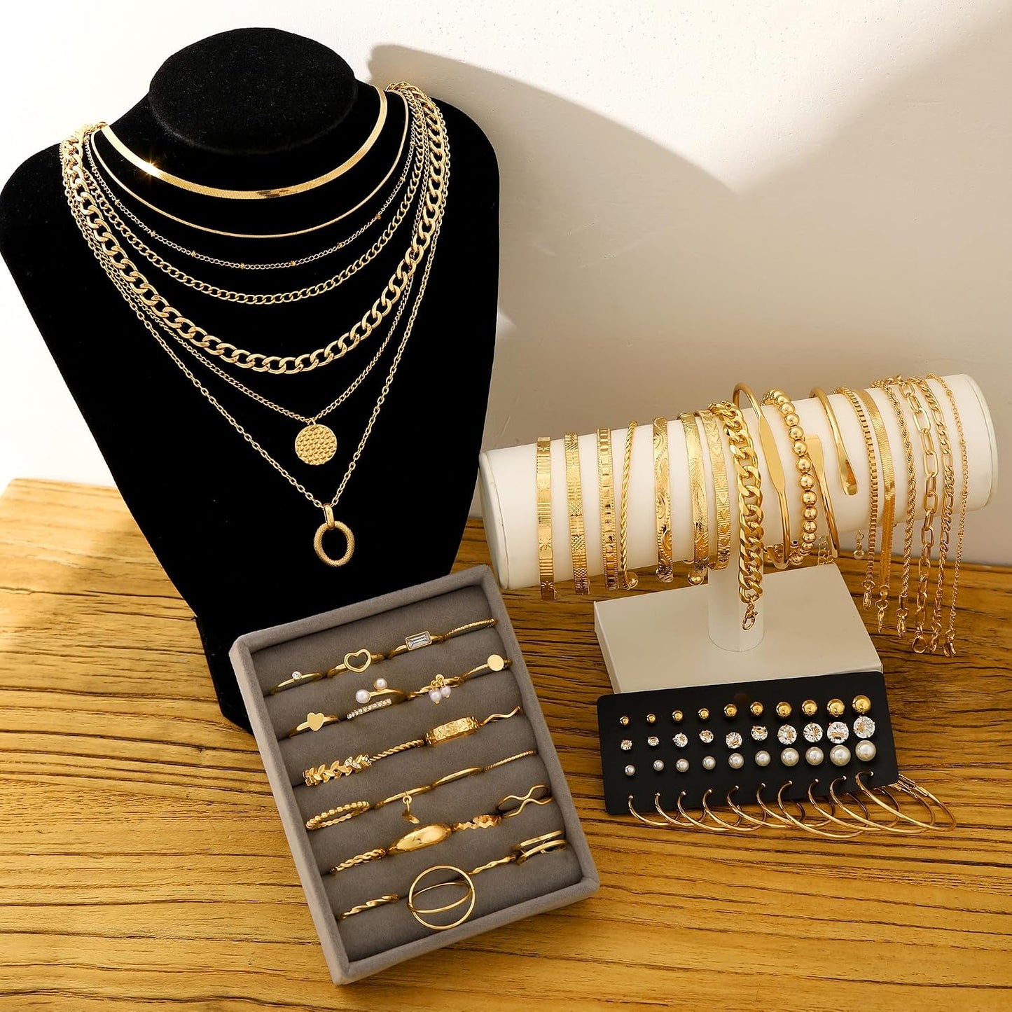 FAXHION 68 Pcs Gold Jewelry Set for Women with 7 Necklace, 17 Bracelet, 5 Hoop Earrings, 15 Stud Earrings, 24 Knuckle Rings for Women Jewelry Set for Women Gift