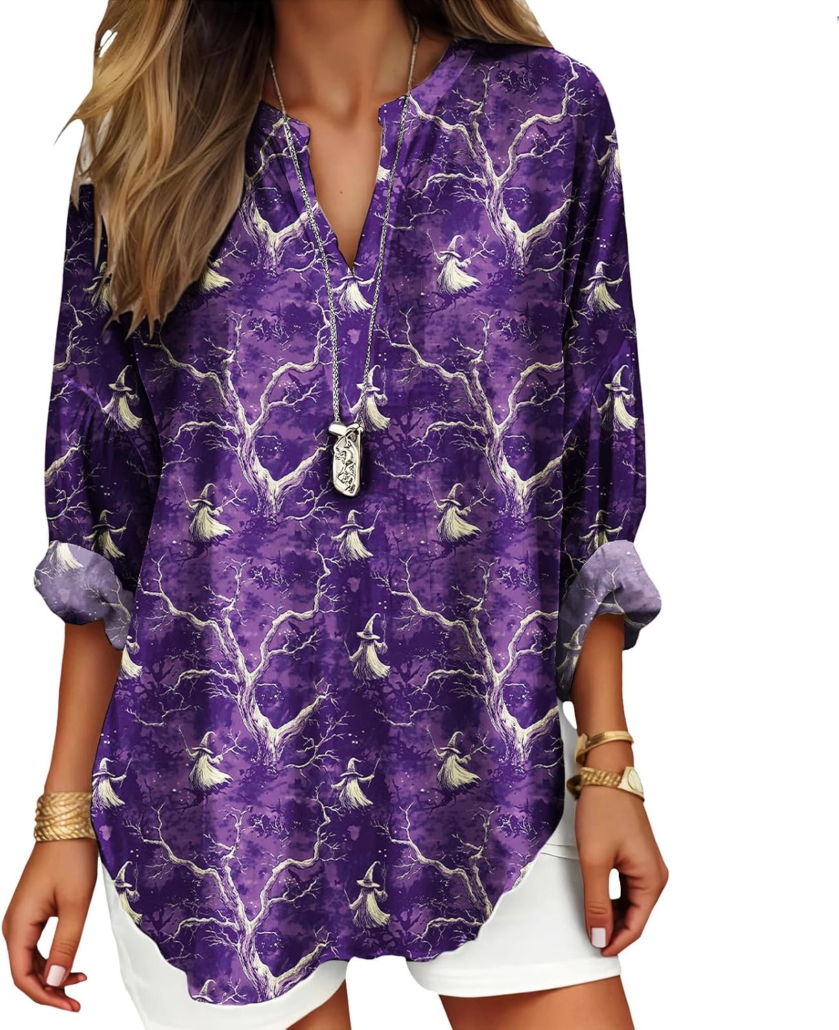 Womens Bohemian Print Tunic Top Cotton Blend V Neck Long Sleeve Loose Fit Casual Blouse for Summer Beach Vacation