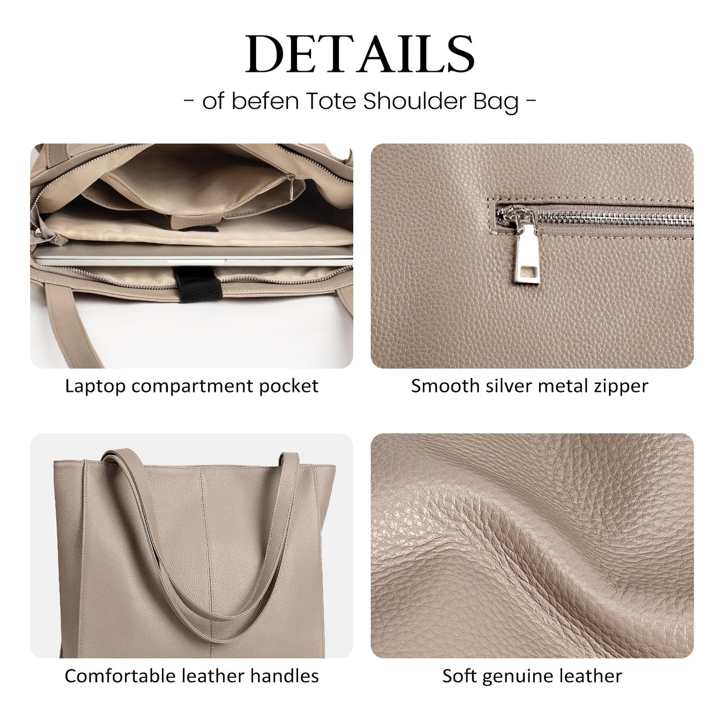 befen Genuine Leather Tote Bag for Women Work, Women's Leather Shoulder Bags Purses Satchel Handbags with Laptop Compartment