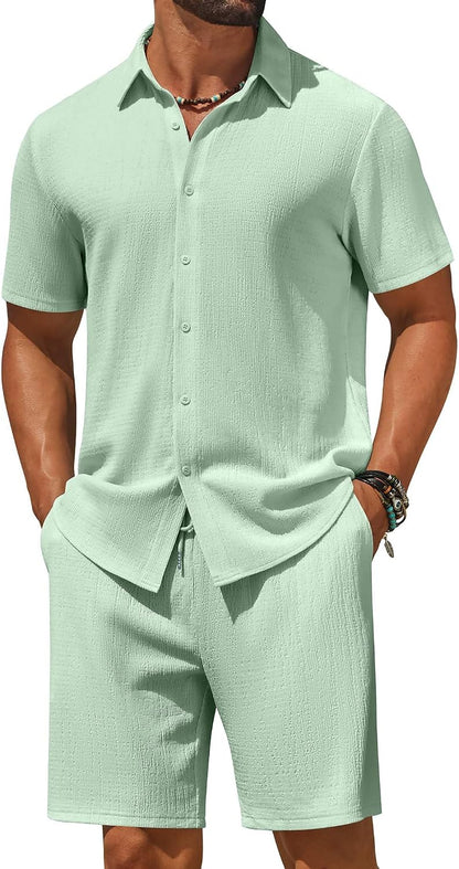 COOFANDY Men's 2 Piece Outfit Casual Short Sleeve Button Down Shirt and Beach Shorts Set Summer Vacation Outfits for Men