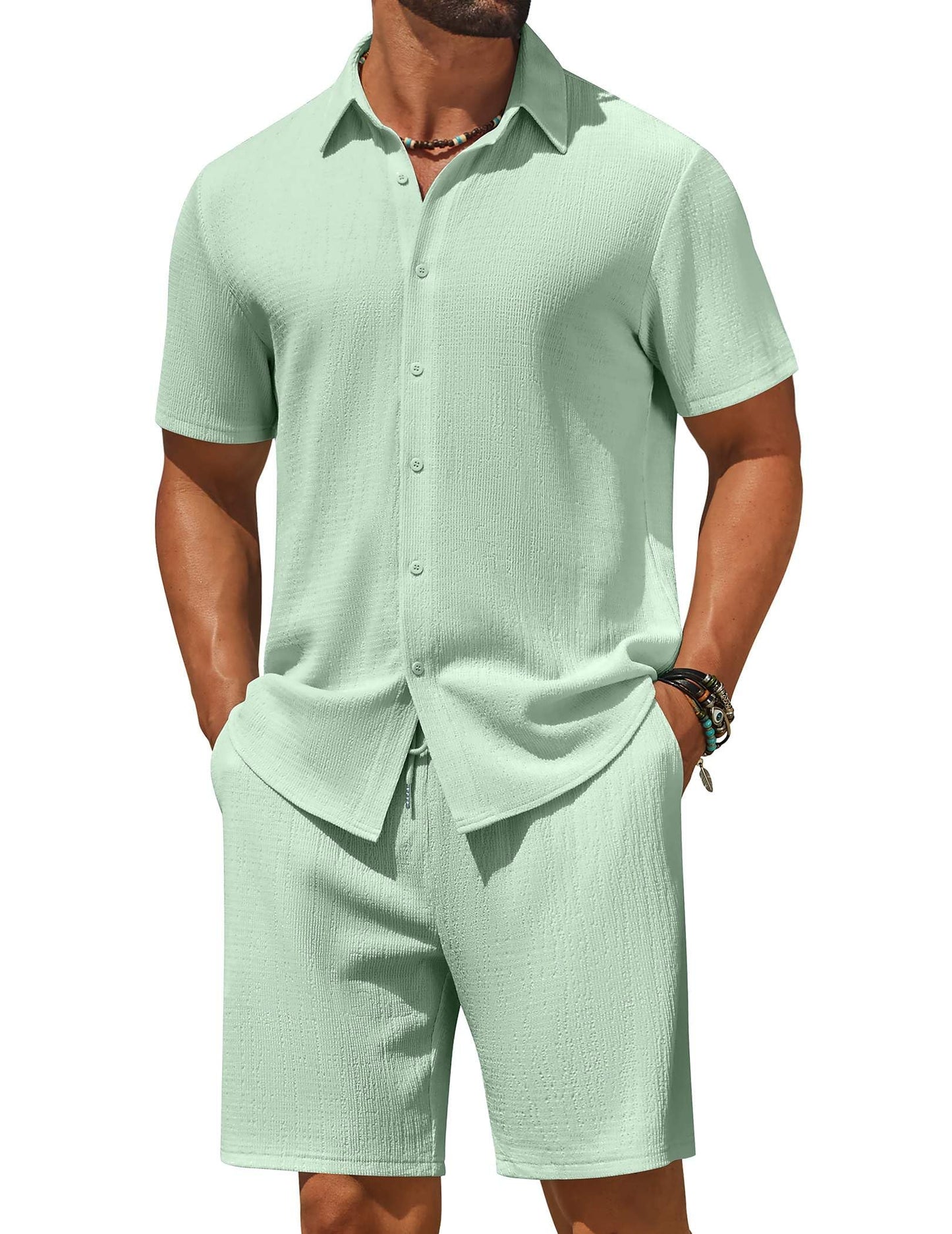 COOFANDY Men's 2 Piece Outfit Casual Short Sleeve Button Down Shirt and Beach Shorts Set Summer Vacation Outfits for Men