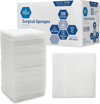 MED PRIDE Surgical Gauze Sponges,4 x 4 in,12-Ply,Non-Sterile,200-Count Pack