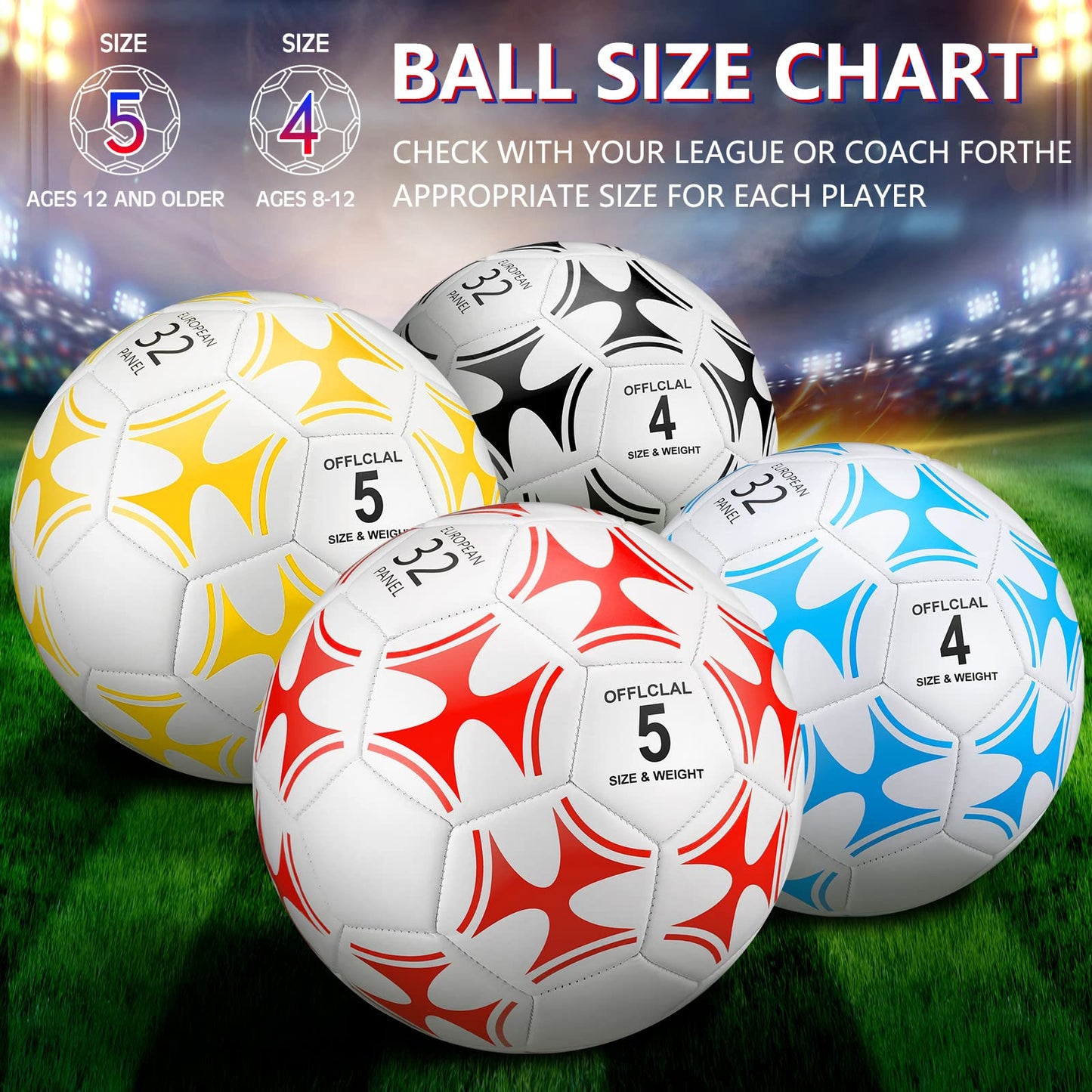 Tradder 4 Pack Soccer Ball with Pump Size 3 4 5 Deflated Soccer Ball for Outdoor Indoor Game Sport Practice Training Gift for Kid Youth Teen Adult Charity Donation