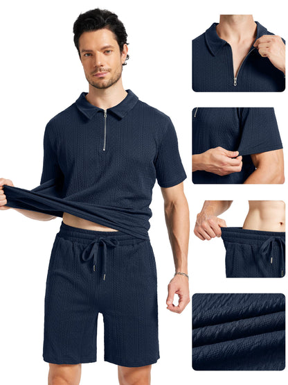 yuyangdpb Men's 2 Piece Summer Vacation Outfits Polo Shirt & Shorts Set | Breathable Textured Knit Fabric, Stretchy, Soft, Moisture-wicking, Lightweight, Ideal for Beach Casual Tracksuit, M-2XL
