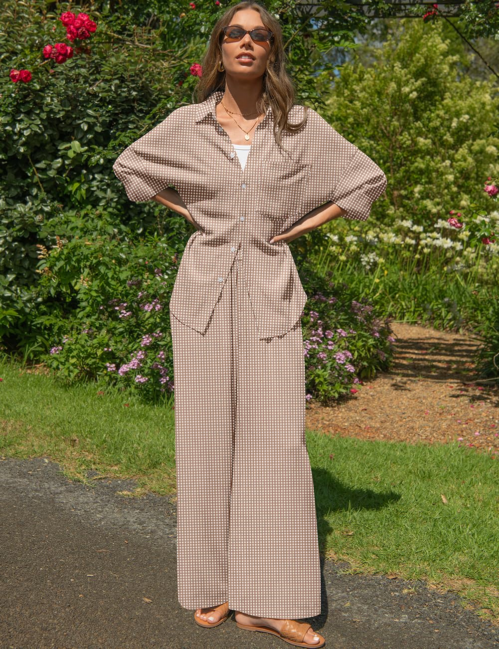 TARSE Womens Linen 2 Piece Outfits Casual Lounge Sets | Long Sleeve, Button Down Shirt and Wide Leg Pants, loose fit linen, vacation outfits with Pockets