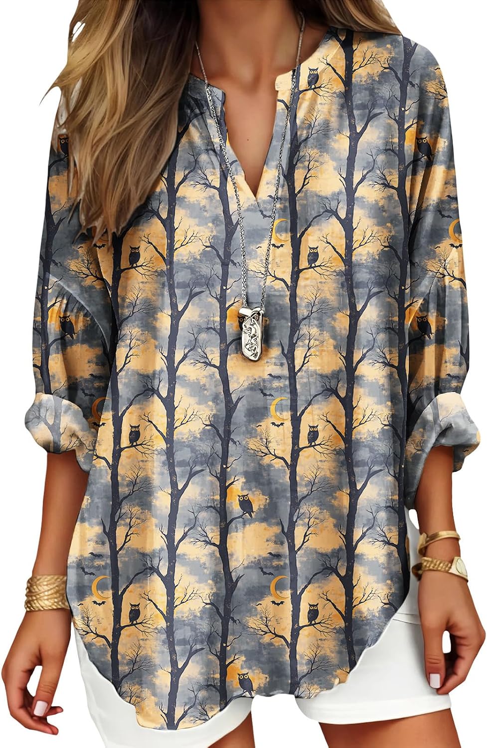 Womens Bohemian Print Tunic Top Cotton Blend V Neck Long Sleeve Loose Fit Casual Blouse for Summer Beach Vacation