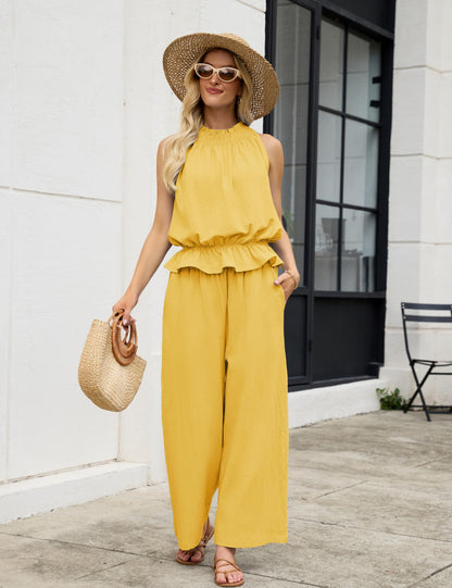 Tanming Women's Linen 2 Piece Outfits Sleeveless Ruffle Top Wide Leg Pants Summer Loungewear Beach Travel Sets