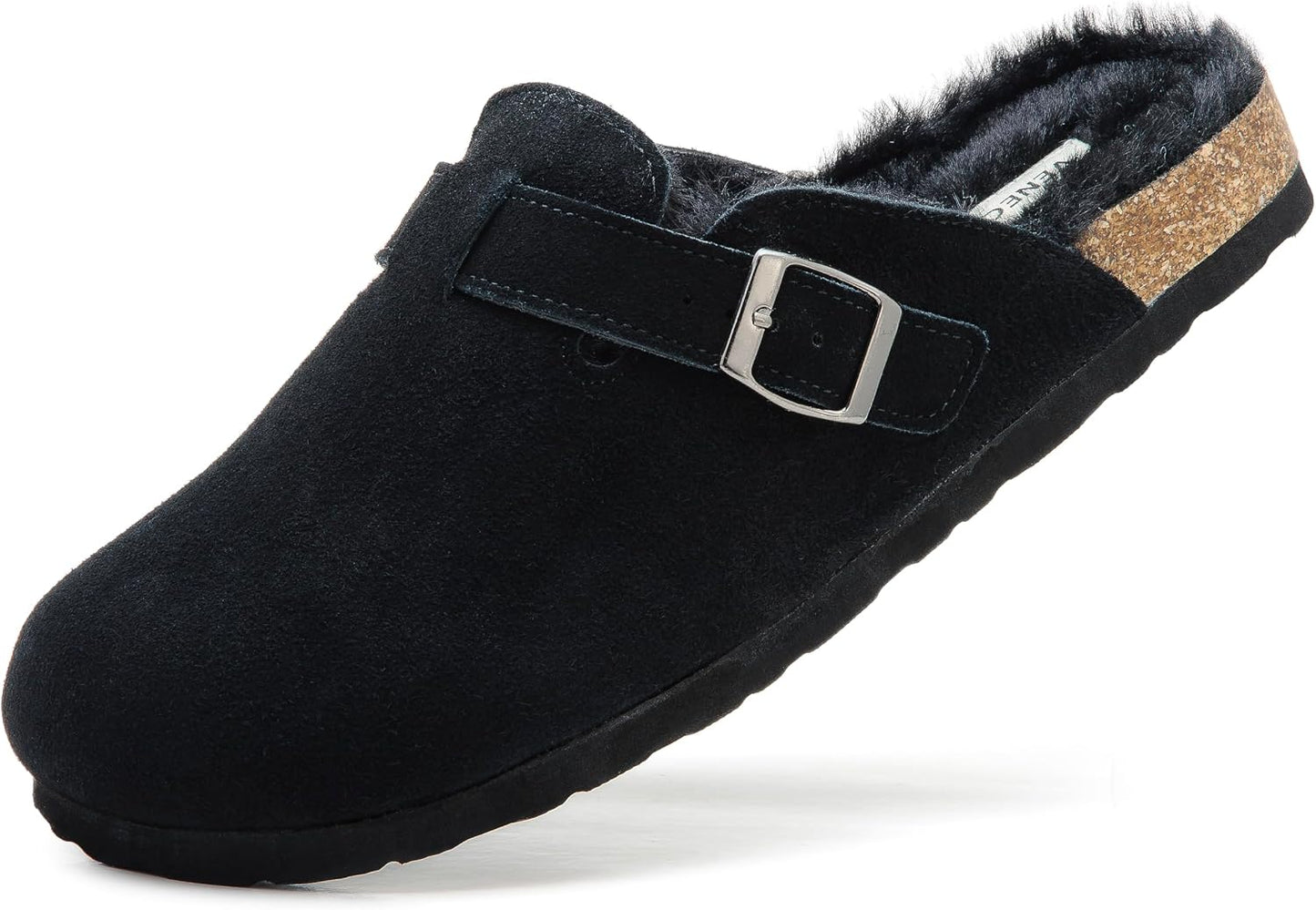 Erica Women's Cork Footbed Clogs Genuine Soft Suede Fuzzy Faux Fur Lined Comfort Cushioned Mule Slide Shoes