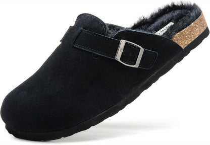 Erica Women's Cork Footbed Clogs Genuine Soft Suede Fuzzy Faux Fur Lined Comfort Cushioned Mule Slide Shoes