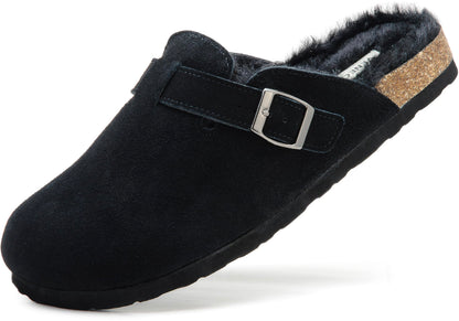 Erica Women's Cork Footbed Clogs Genuine Soft Suede Fuzzy Faux Fur Lined Comfort Cushioned Mule Slide Shoes