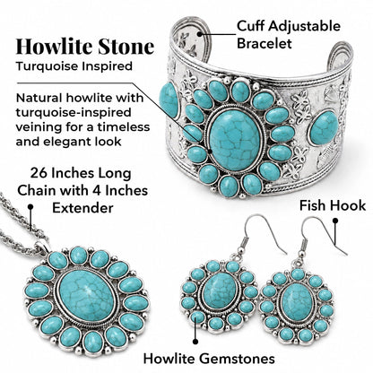 Shop LC Howlite Western Jewelry Set for Women Boho Cowgirl | 3-Piece Necklace Bracelet Earrings, Turquoise-Inspired, Chunky Statement, Southwestern