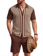COOFANDY Men's 2 Piece Outfit Vintage Short Sleeve Button Down Knit Polo Shirts Casual Beach Shorts Sets