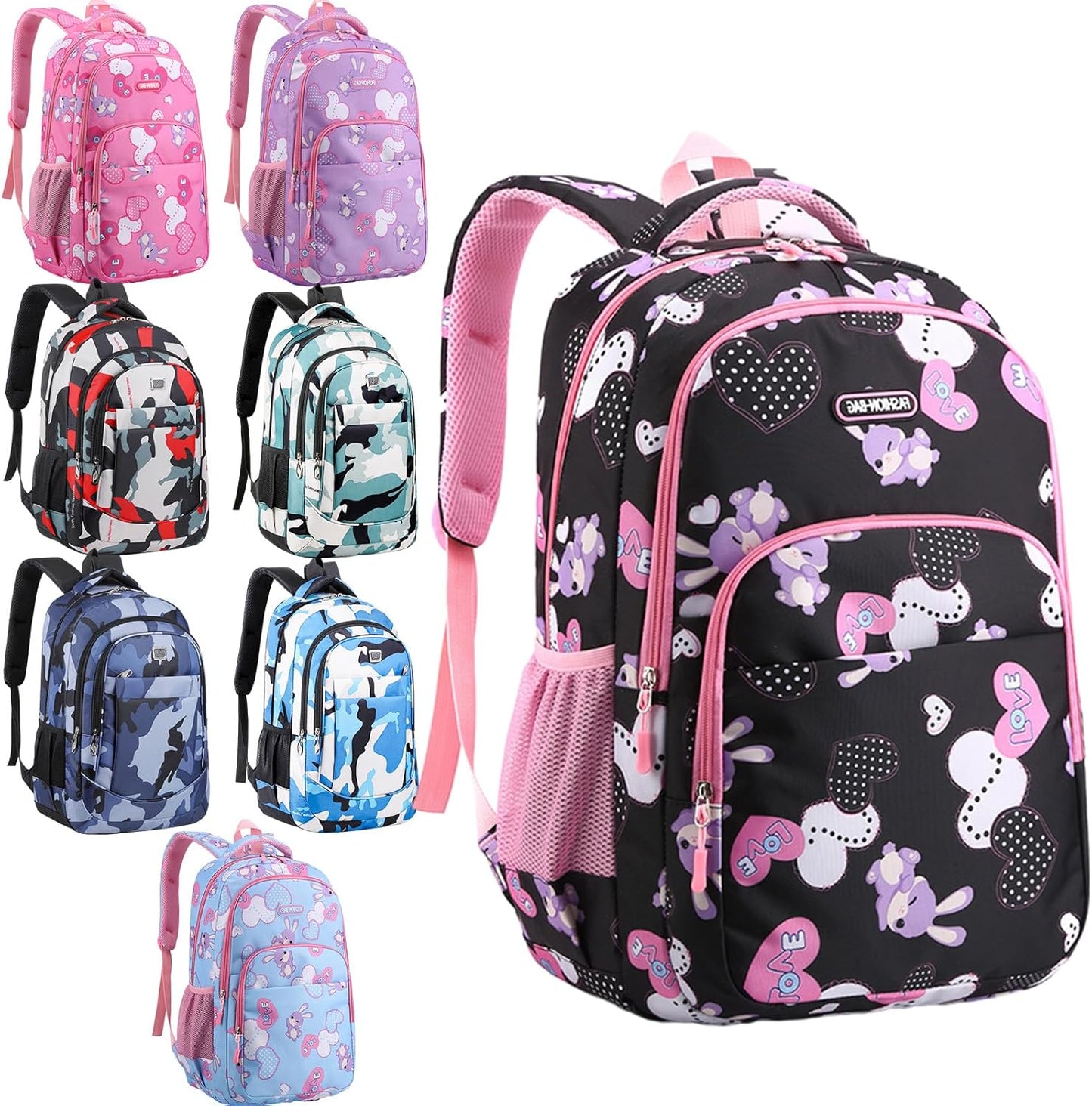 PerKoop 8 Pieces Backpacks Boys and Girls 17 Inch School Bag Bulk Printed Student Backpacks with Adjustable Padded Straps and Bottle Holder for Back to School Elementary Middle High School, 8 Color