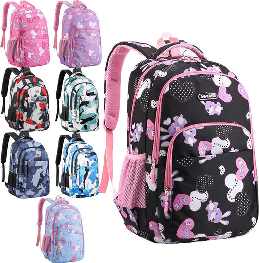 PerKoop 8 Pieces Backpacks Boys and Girls 17 Inch School Bag Bulk Printed Student Backpacks with Adjustable Padded Straps and Bottle Holder for Back to School Elementary Middle High School, 8 Color
