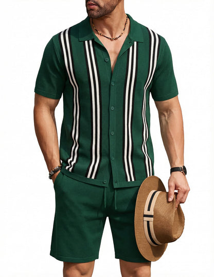 COOFANDY Men's 2 Piece Outfit Vintage Short Sleeve Button Down Knit Polo Shirts Casual Beach Shorts Sets