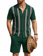 COOFANDY Men's 2 Piece Outfit Vintage Short Sleeve Button Down Knit Polo Shirts Casual Beach Shorts Sets