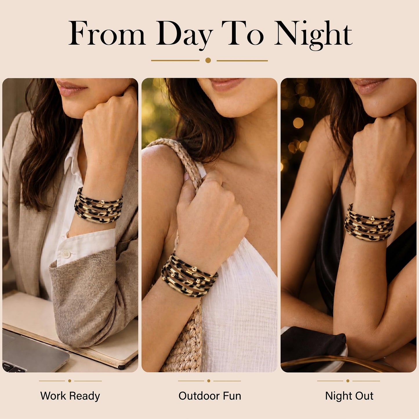 Fesciory Leopard Bracelet for Women, Boho Leather Wrap Multi-Layer Pearl Crystal Bracelet Bangle Jewelry