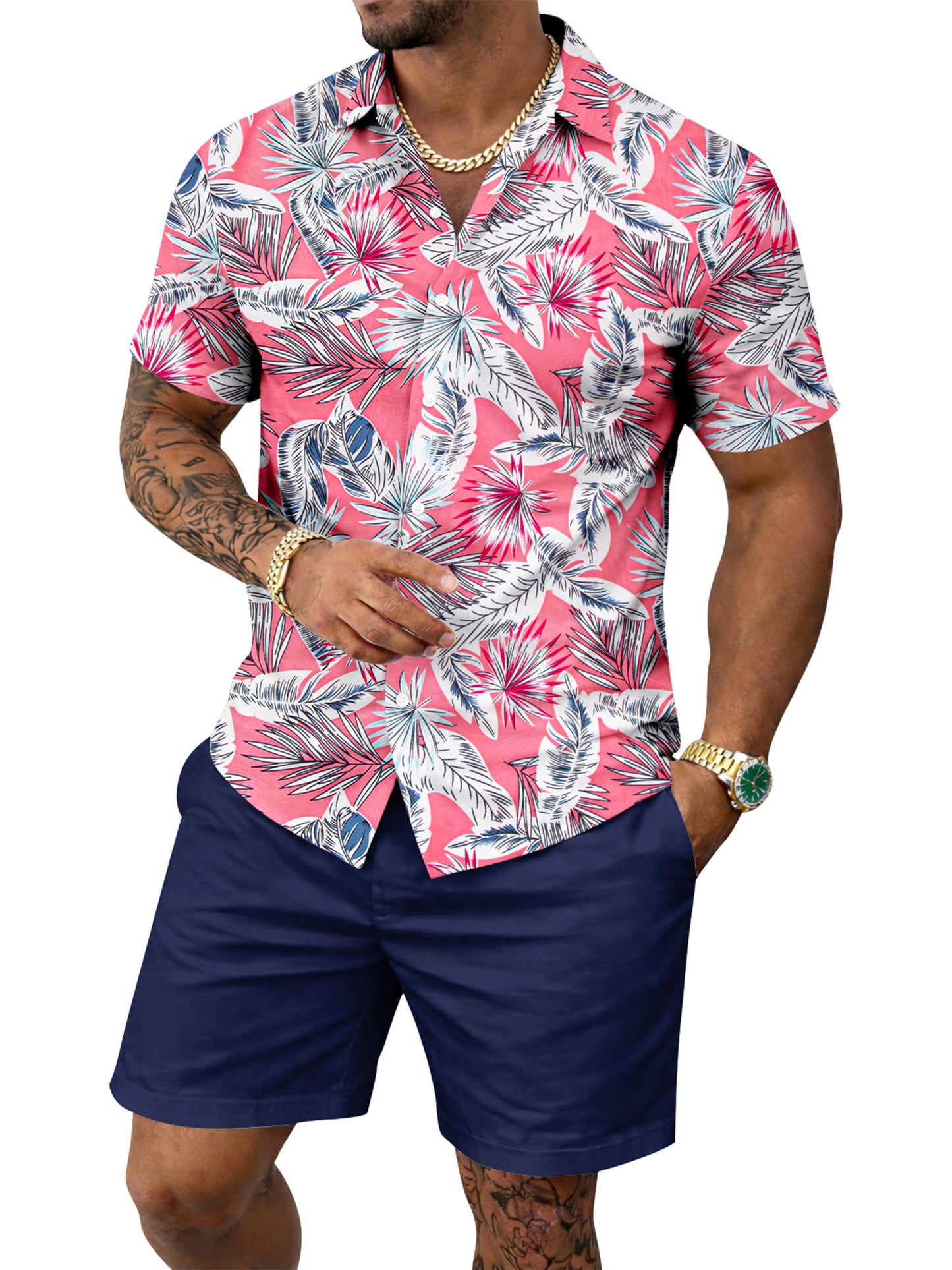 Yoimira Men's Summer Outfits 2 Piece Short Sets Hawaiian Floral Button Down Shirt and Shorts Vacation Beach Cruise Set