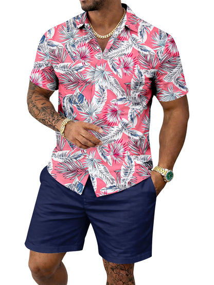 Yoimira Men's Summer Outfits 2 Piece Short Sets Hawaiian Floral Button Down Shirt and Shorts Vacation Beach Cruise Set