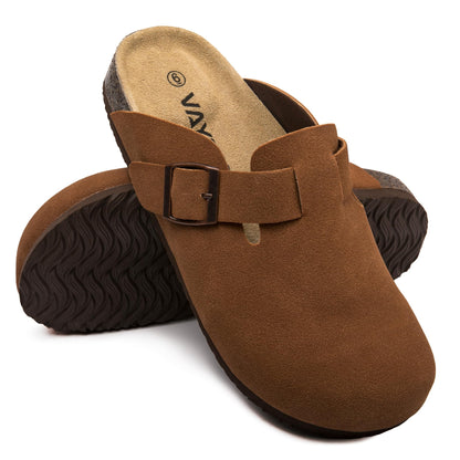 Women Suede Clogs Casual Slip On Potato Mule Slippers | Soft Suede Upper, Arch-Support Cork Insole, Adjustable Buckle, Anti-Slip Sole