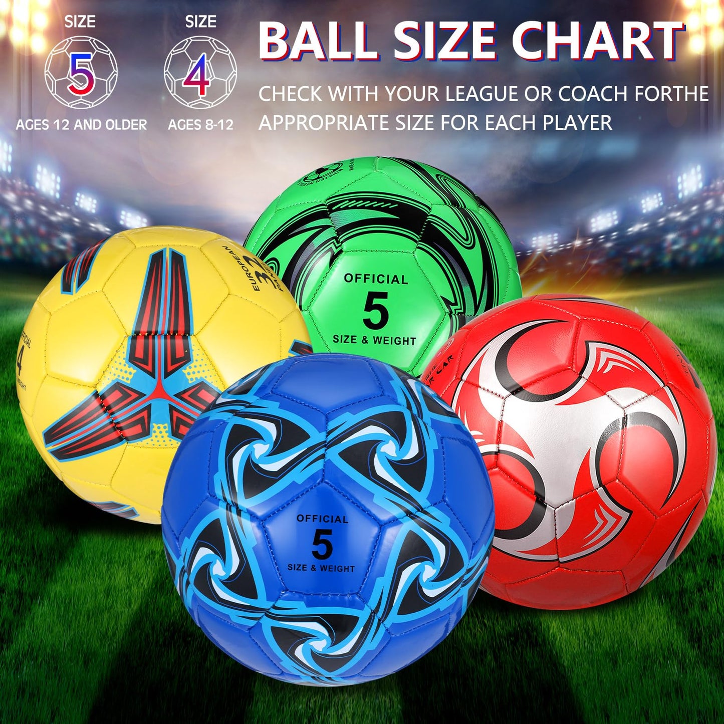 Tradder 4 Pack Soccer Ball with Pump Size 3 4 5 Deflated Soccer Ball for Outdoor Indoor Game Sport Practice Training Gift for Kid Youth Teen Adult Charity Donation