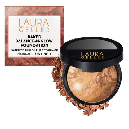 LAURA GELLER NEW YORK Baked Balance-n-Glow Illuminating Powder Foundation – Toffee – Handmade in Italy – Pearl-Infused Satin Finish – Vitamin C Brightening – Buildable Sheer Coverage – For Mature Skin