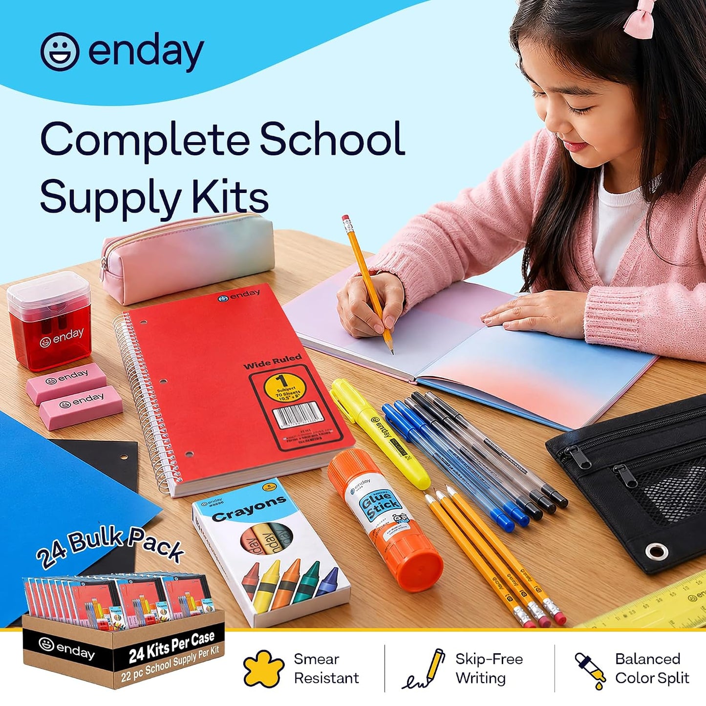 24 Pack Bulk School Supplies for Kids | 22 Piece Back to School Supplies in Each Kit, Premium Quality Kids School Supply for Girls & Boys, Kindergarten, Elementary, K-12 - By Enday