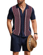 COOFANDY Men's 2 Piece Outfit Vintage Short Sleeve Button Down Knit Polo Shirts Casual Beach Shorts Sets