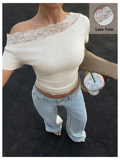 Verdusa Women's Y2K Lace Off The Shoulder Tops Cropped T Shirts Summer Chic Outfits