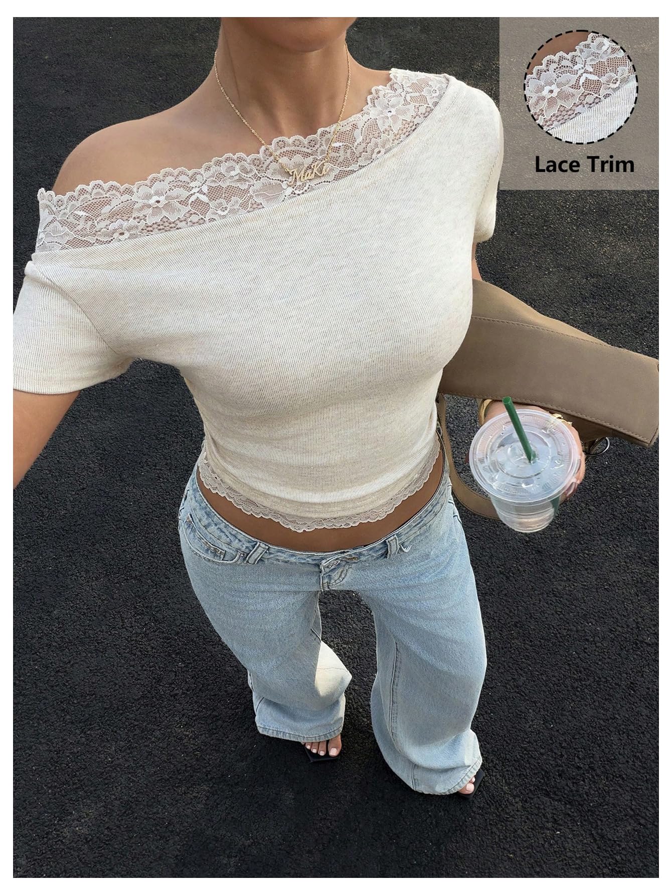 Verdusa Women's Y2K Lace Off The Shoulder Tops Cropped T Shirts Summer Chic Outfits