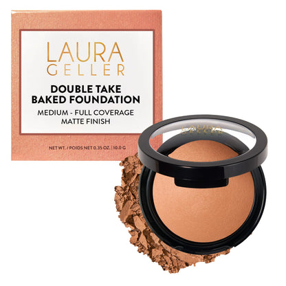 LAURA GELLER NEW YORK Baked Double Take Powder Foundation – Longwear Buildable Medium to Full Coverage – Matte Finish – Non-Caking Formula – Handmade in Italy – Mature & Sensitive Skin – Tan