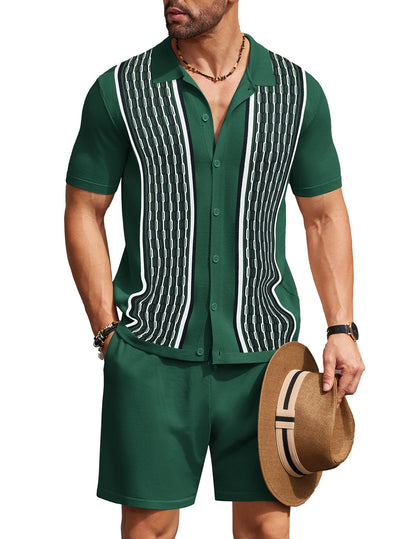 COOFANDY Men's 2 Piece Outfit Vintage Short Sleeve Button Down Knit Polo Shirts Casual Beach Shorts Sets