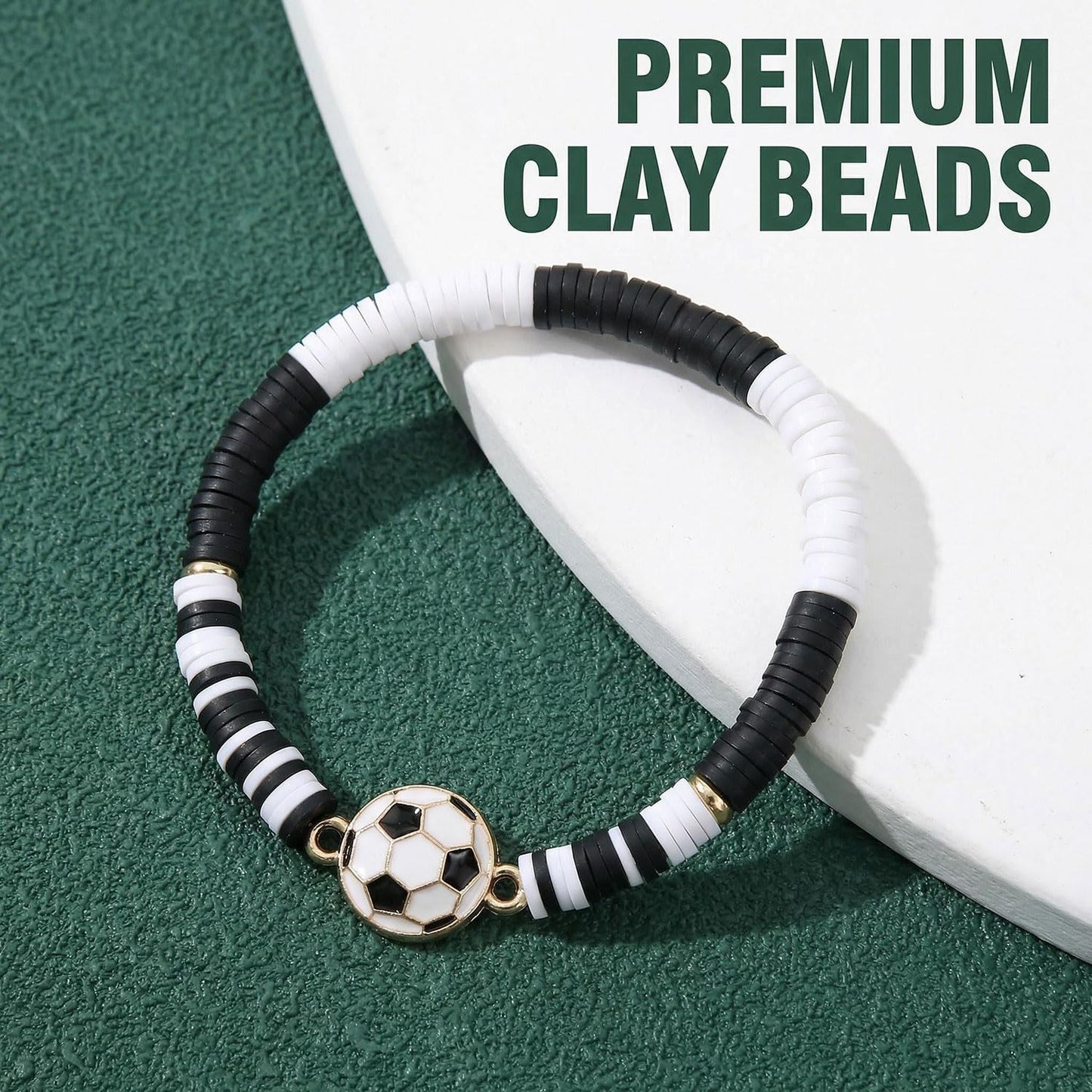 Spiritlele 12pcs World Cup Bracelets Set Red White Blue Clay Bead Wristband Stackable USA Soccer Charm Stretch Bracelet For Women Football Sports Fans Jewelry Gift