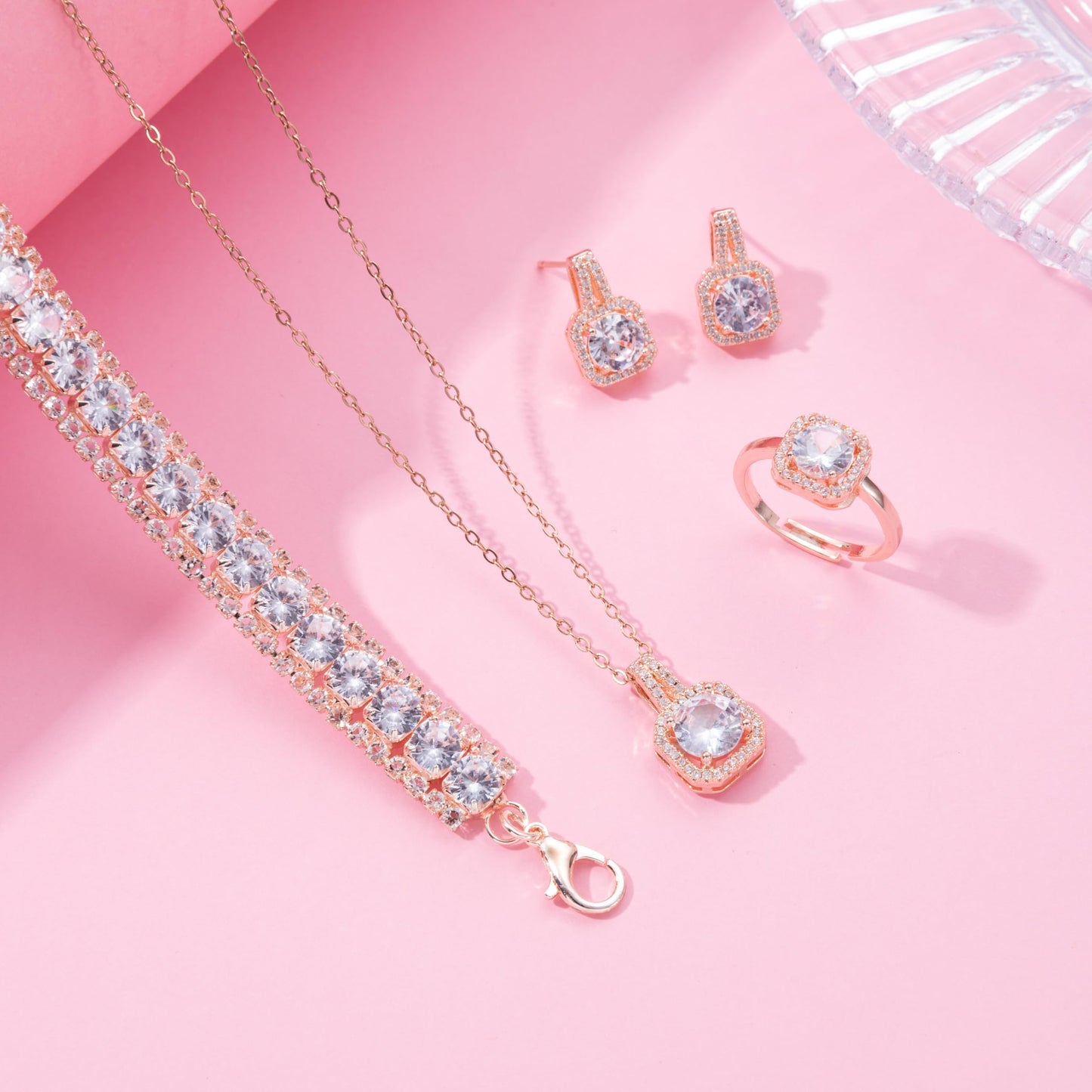 Paxuan 4pcs Cubic Zirconia Wedding Jewelry Sets for Bride Bridesmaid Cubic Zirconia Pendant Necklace Earrings Link Tennis Bracelet Open Ring Set for Women