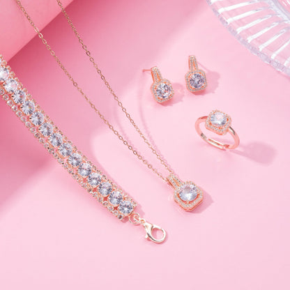 Paxuan 4pcs Cubic Zirconia Wedding Jewelry Sets for Bride Bridesmaid Cubic Zirconia Pendant Necklace Earrings Link Tennis Bracelet Open Ring Set for Women