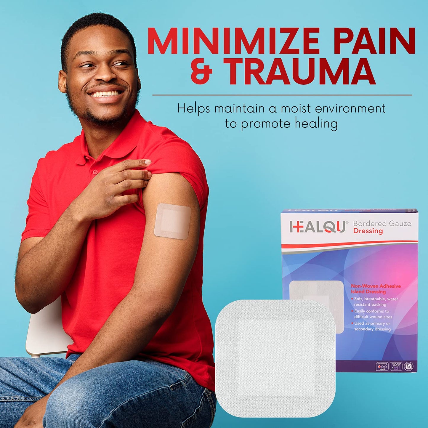 HEALQU Island Dressing - 4"x4", 30 Count - Bordered Gauze Sterile Individually Wrapped Gauze Pads, Water-Resistant, Non-Woven Backing - Soft and Breathable Wound Dressing for First Aid and Medical | Water-Resistant, Latex-Free, High Absorbent, Adhesive Bo